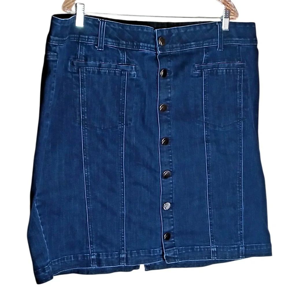 Lane Bryant Denim Skirt Womens 26 Plus Dark Wash Button Front Stretch Jean Skirt